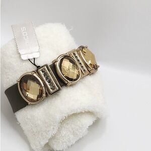 Chunky Cuff Bracelet Chicos Olive Green Gold Amber Cabochon Magnetic 7in Glam